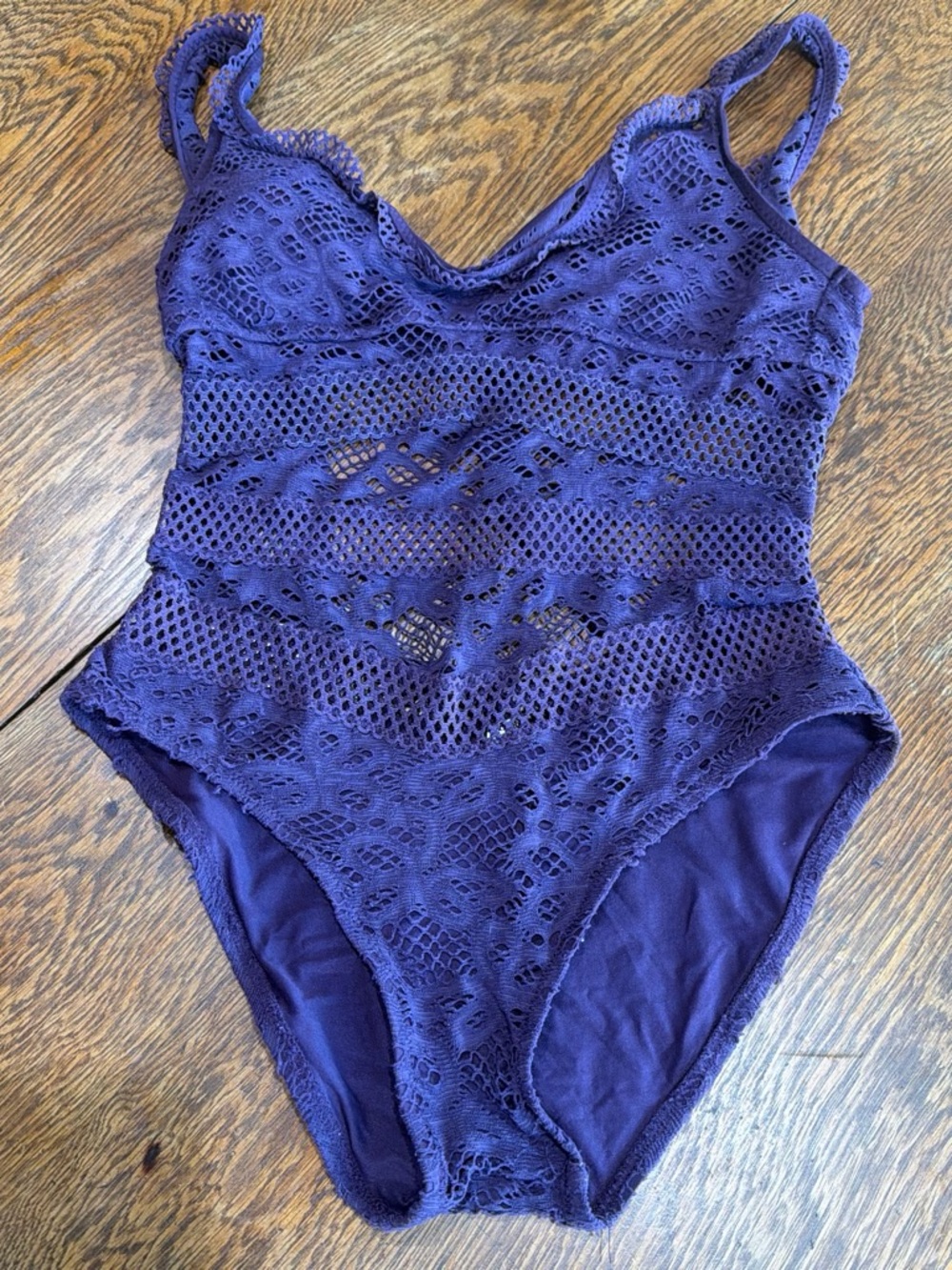 Becca Plumb Purple crocheted one piece swim suit with lace cut-out patterns